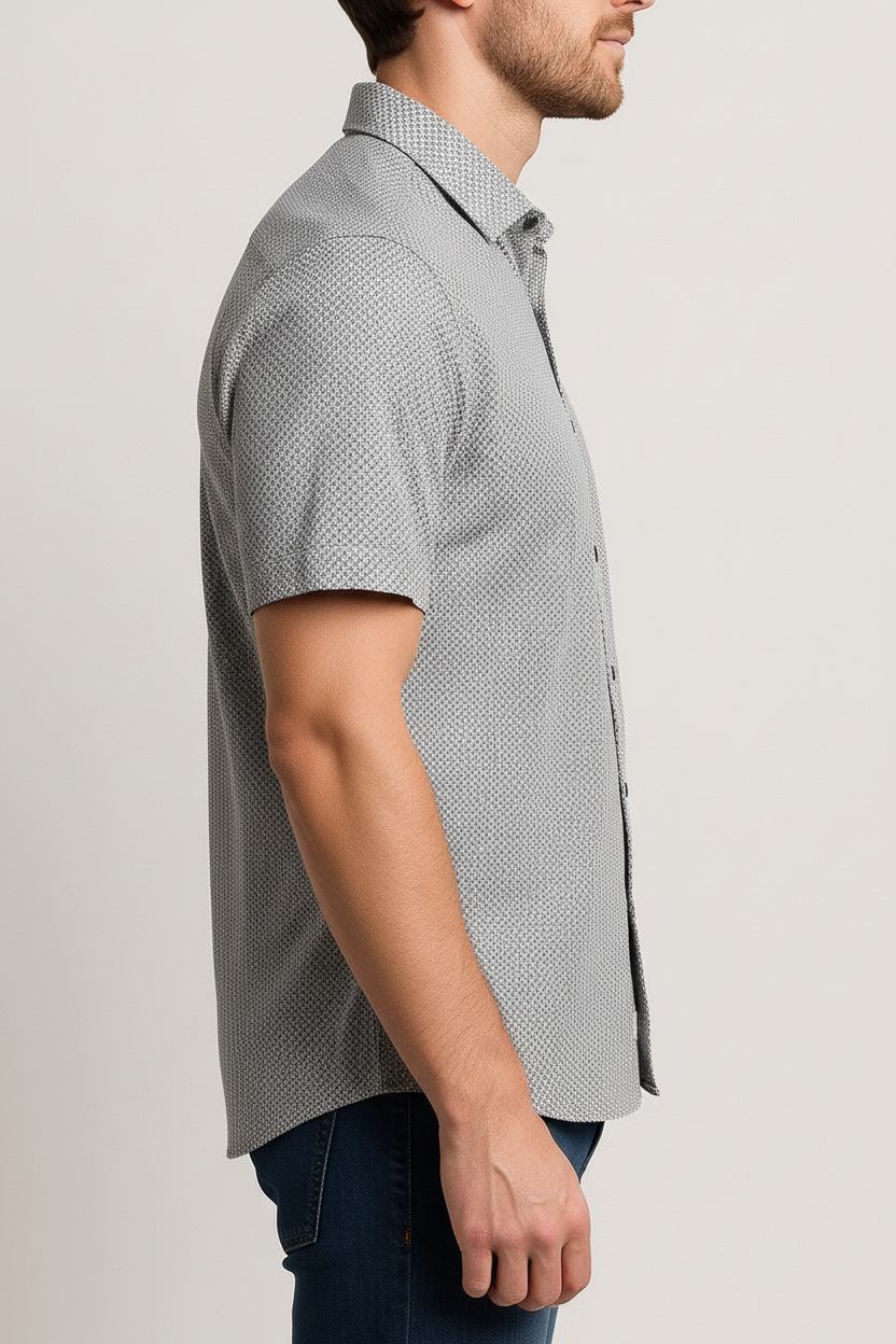 Men’s Short Sleeve Button-Down Shirt – Modern Slim Fit Micro-Print Casual Dress Shirt