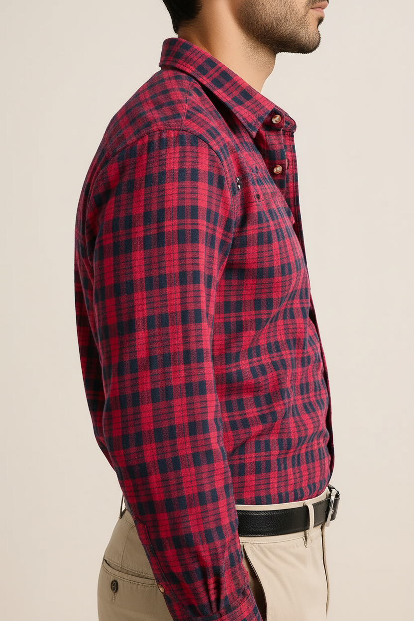 Men’s Red & Navy Plaid Flannel Shirt – Soft Brushed Cotton Long-Sleeve Button-Down for Fall & Casual Wear