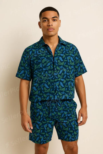 Men’s Tropical Leaf Co-Ord Set – Short Sleeve Button-Up Shirt & Drawstring Shorts | Summer Casual Two-Piece Outfit