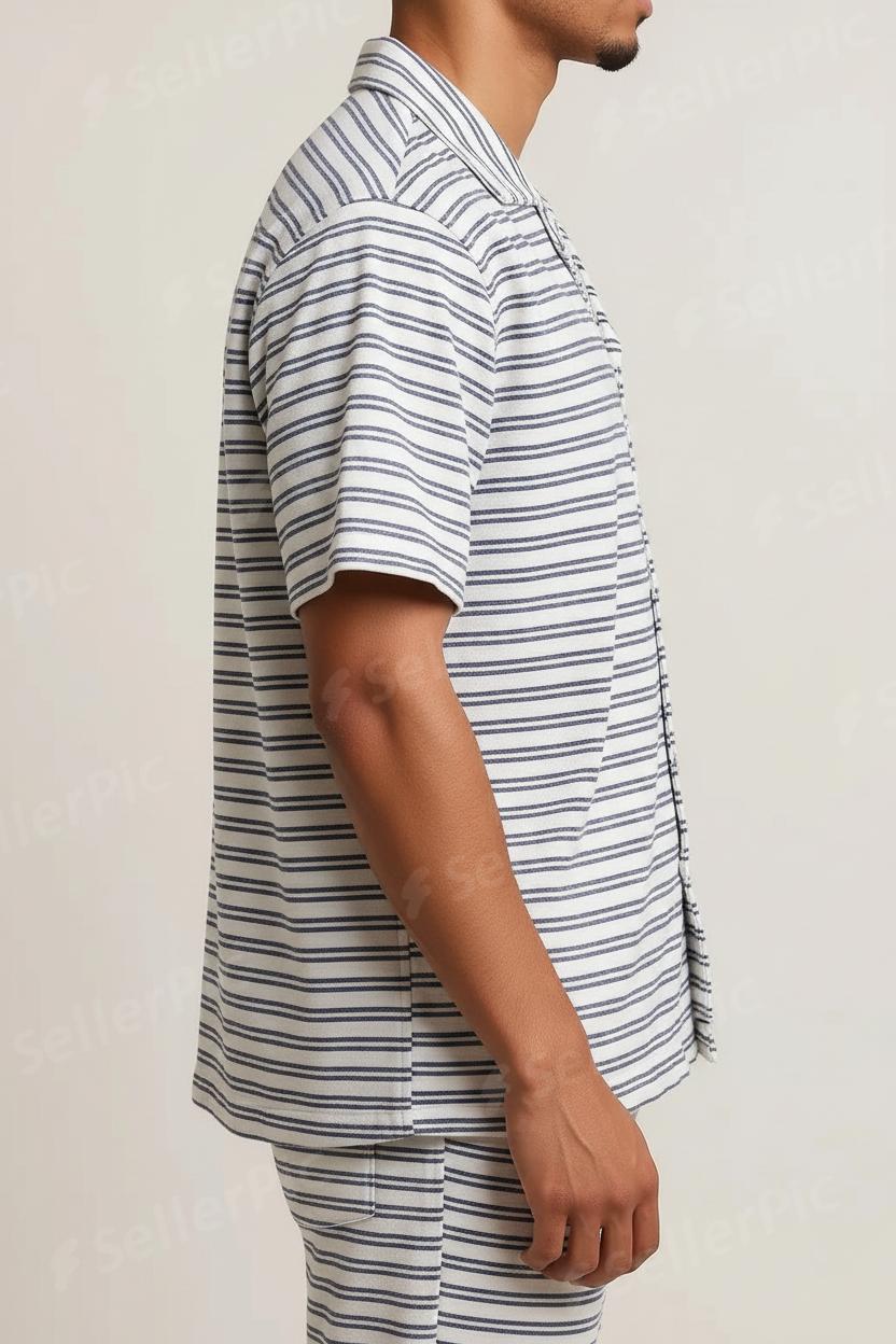 Men’s Short-Sleeve Button-Up Pajama Set – Soft Breathable Striped Lounge Set with Relaxed-Fit Pants