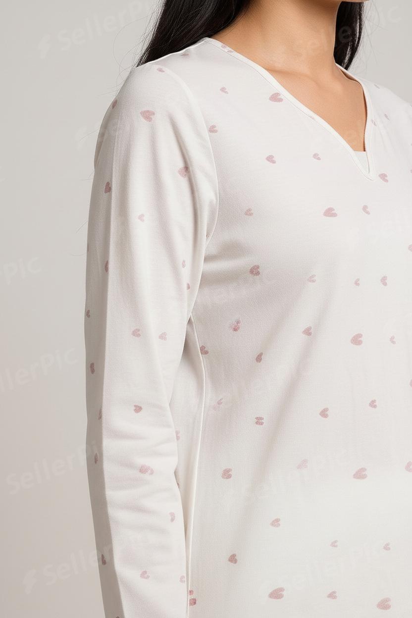 Women’s Long-Sleeve Cotton Pajama Set – Soft Breathable Loungewear with Subtle Heart Print & Matching Pants