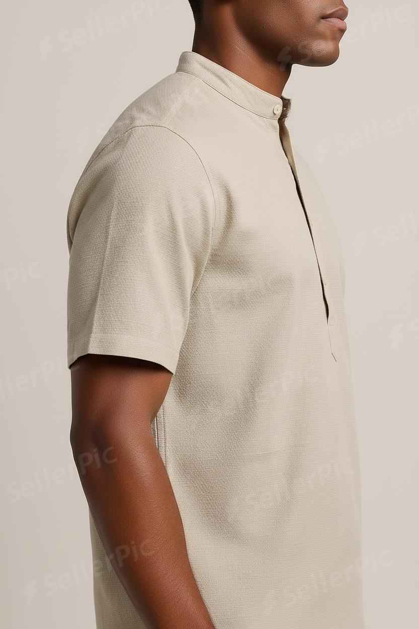 Men’s Beige Premium Co-Ord Set | Mandarin Collar Short Sleeve Shirt & Straight-Leg Pants | Breathable Summer Two-Piece Outfit