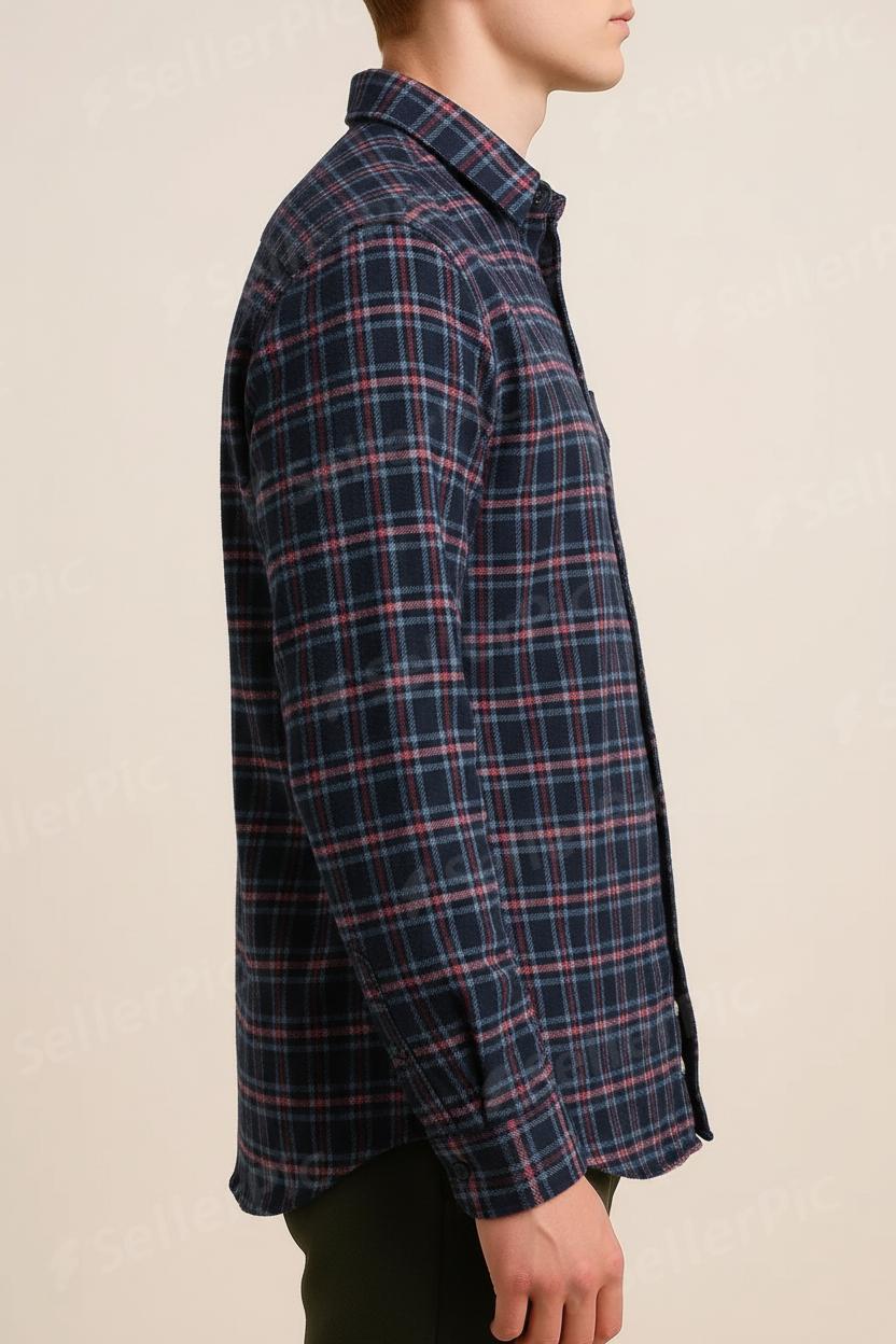 Men’s Long-Sleeve Navy Plaid Button-Up Shirt – Casual Classic Fit with Chest Pocket