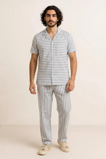 Men’s Premium Striped Summer Co-Ord Set – Soft Cotton Shirt & Trouser | Casual Wear Outfit for Everyday Comfort