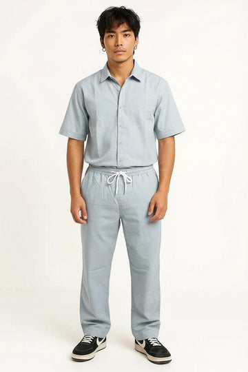 Men’s Light Blue Casual Co-Ord Set | Short Sleeve Button Shirt & Drawstring Pants | Soft Breathable Summer Two-Piece Outfit