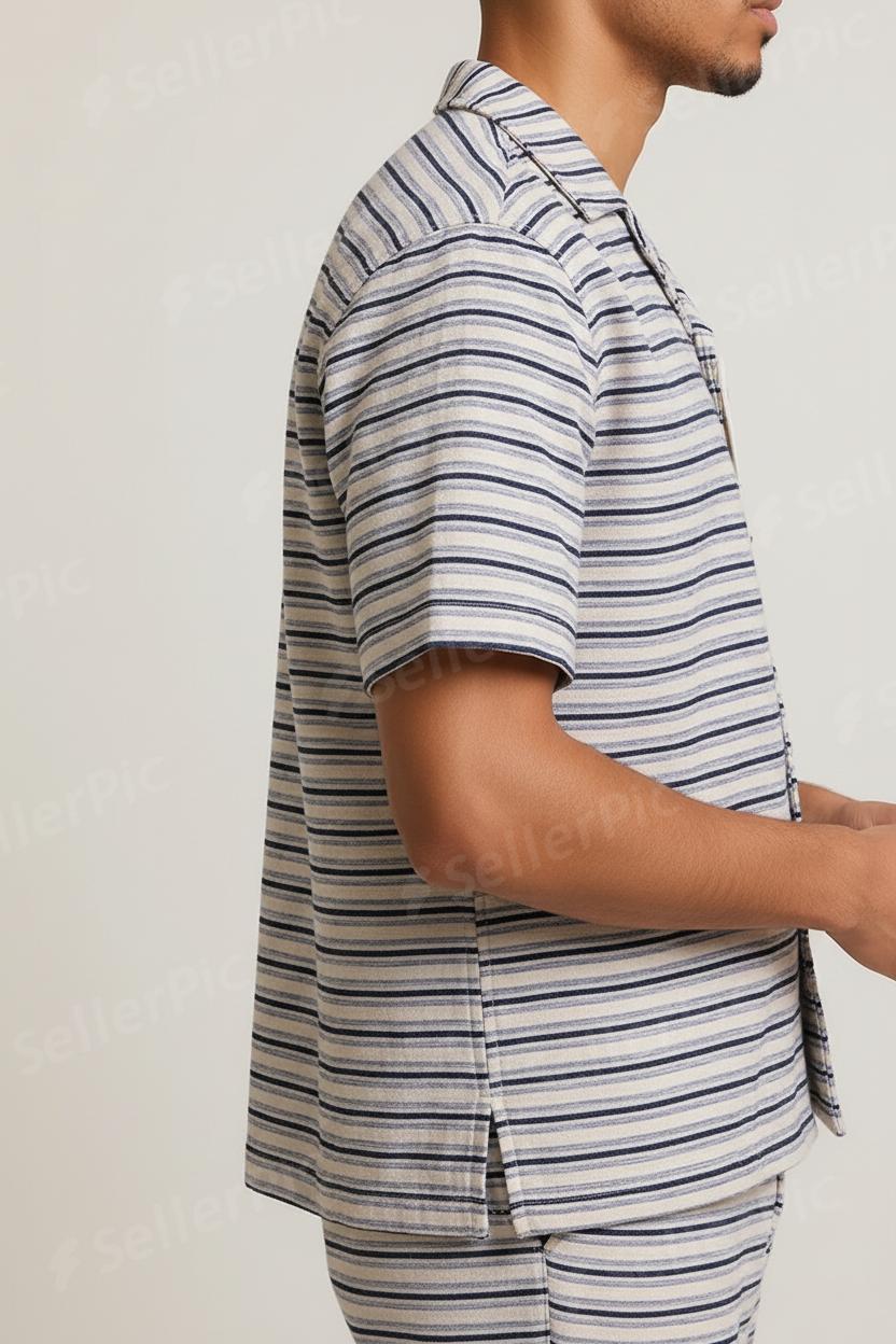 Men’s Premium Striped Co-Ord Set – Short Sleeve Button Shirt & Matching Pants | Soft Breathable Loungewear Outfit