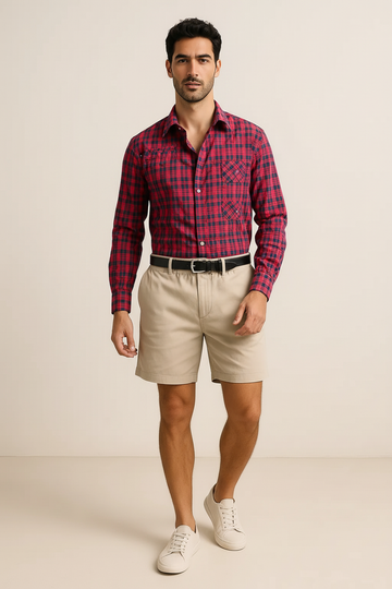 Men’s Red & Navy Plaid Flannel Shirt – Soft Brushed Cotton Long-Sleeve Button-Down for Fall & Casual Wear