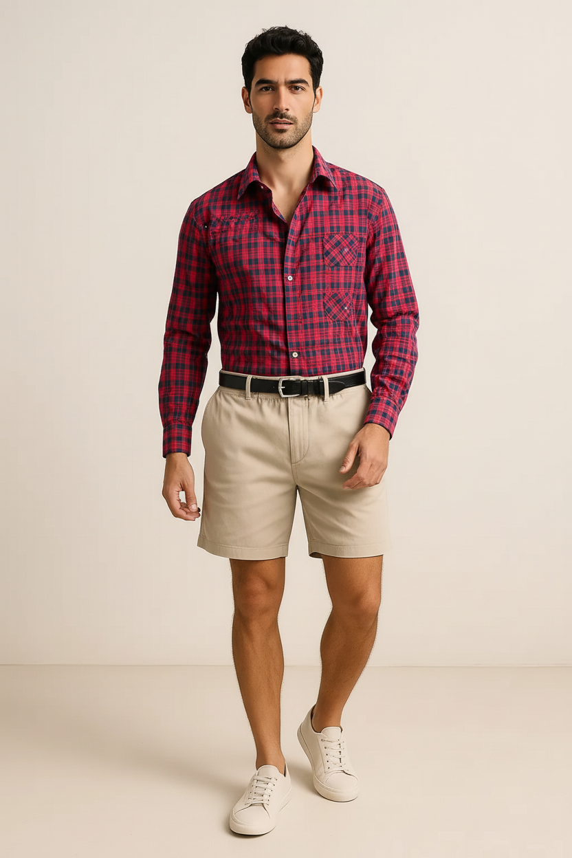 Men’s Red & Navy Plaid Flannel Shirt – Soft Brushed Cotton Long-Sleeve Button-Down for Fall & Casual Wear