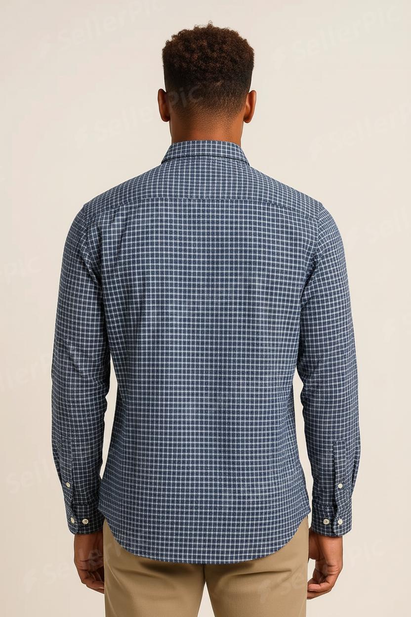 Men’s Long-Sleeve Blue Checkered Button-Up Shirt – Casual Slim Fit Flannel Style with Chest Pocket