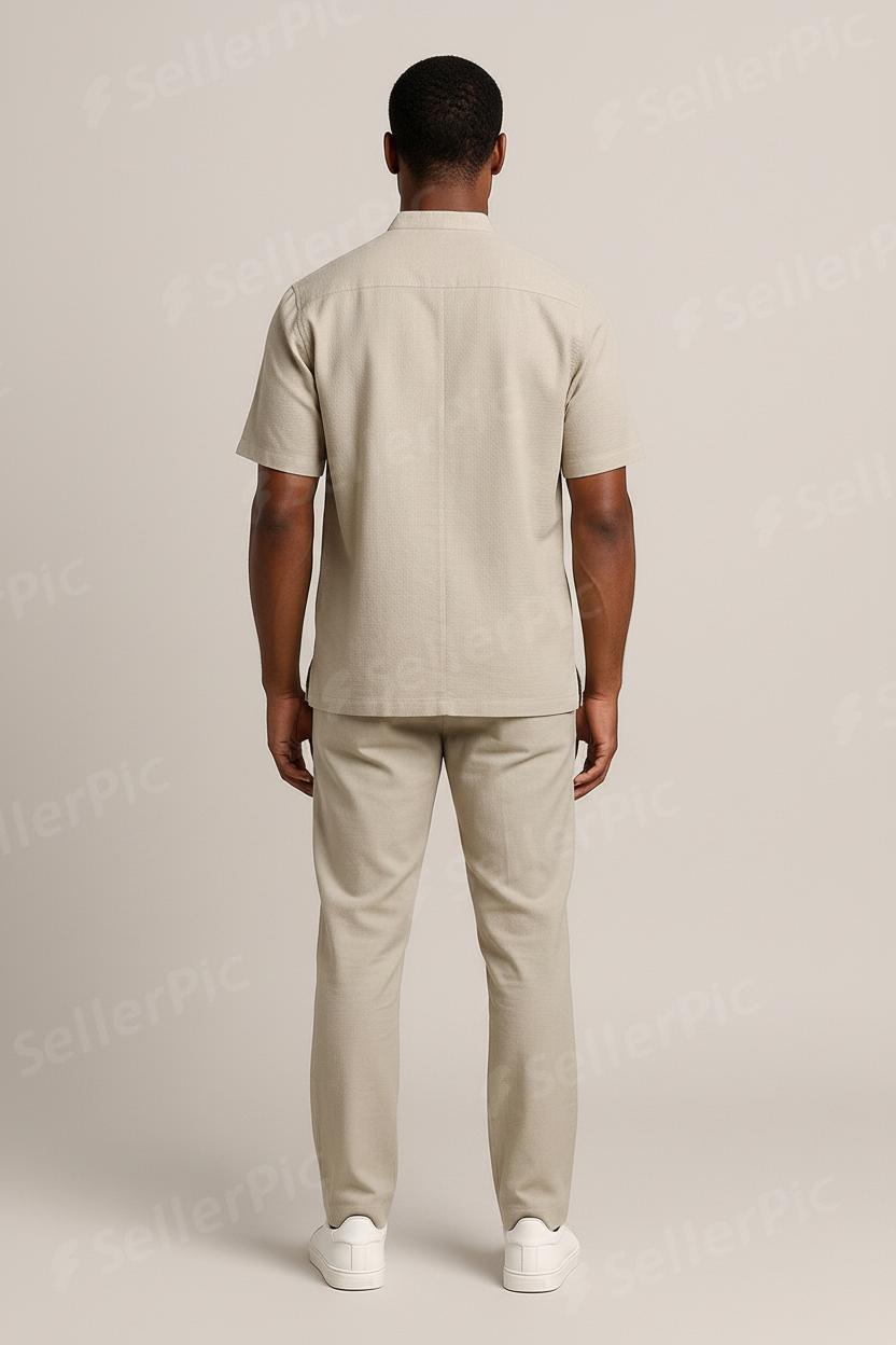 Men’s Beige Premium Co-Ord Set | Mandarin Collar Short Sleeve Shirt & Straight-Leg Pants | Breathable Summer Two-Piece Outfit