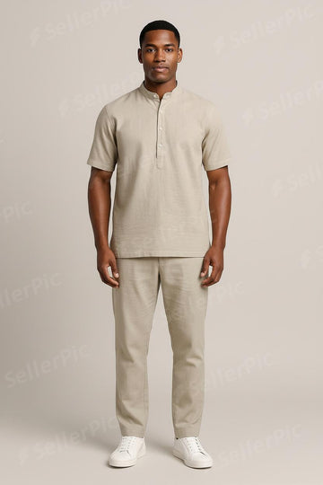 Men’s Beige Premium Co-Ord Set | Mandarin Collar Short Sleeve Shirt & Straight-Leg Pants | Breathable Summer Two-Piece Outfit