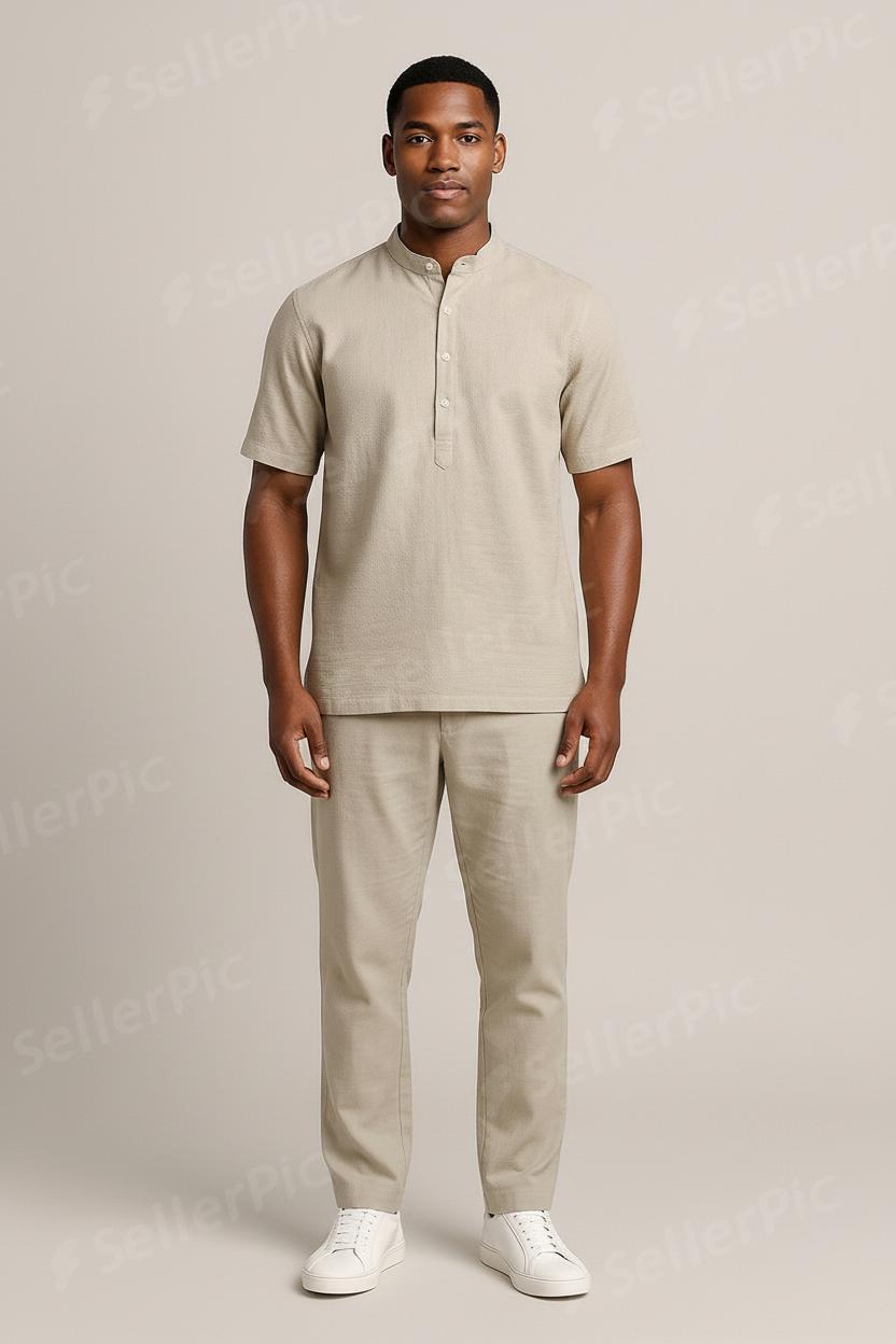 Men’s Beige Premium Co-Ord Set | Mandarin Collar Short Sleeve Shirt & Straight-Leg Pants | Breathable Summer Two-Piece Outfit