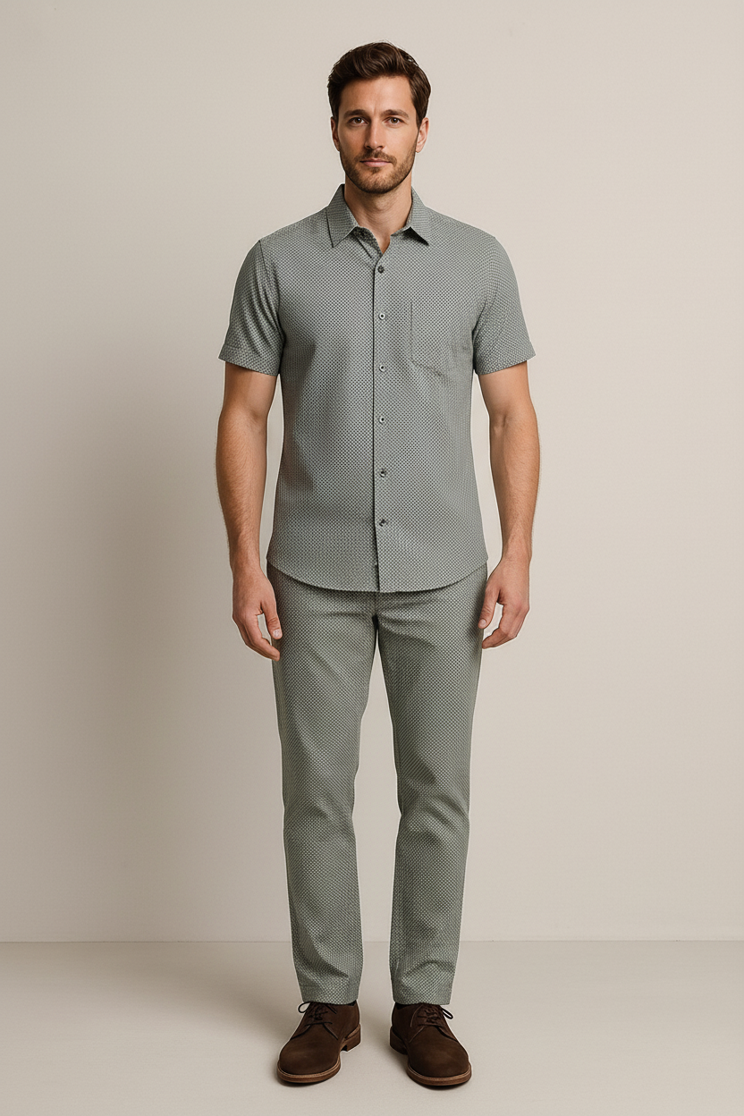 Men’s Sage Green Short-Sleeve Shirt & Pants Set – Lightweight Matching Summer Outfit with Subtle Micro-Pattern