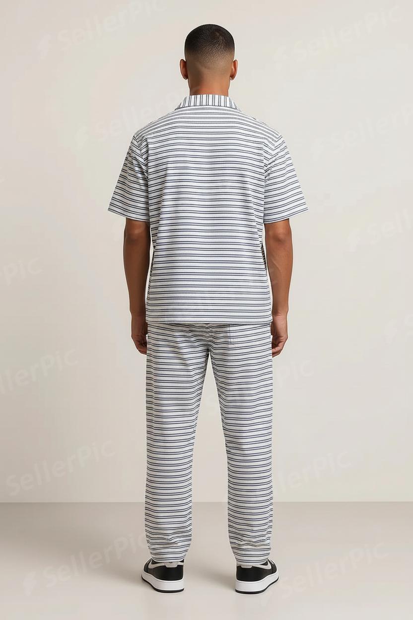 Men’s Short-Sleeve Button-Up Pajama Set – Soft Breathable Striped Lounge Set with Relaxed-Fit Pants