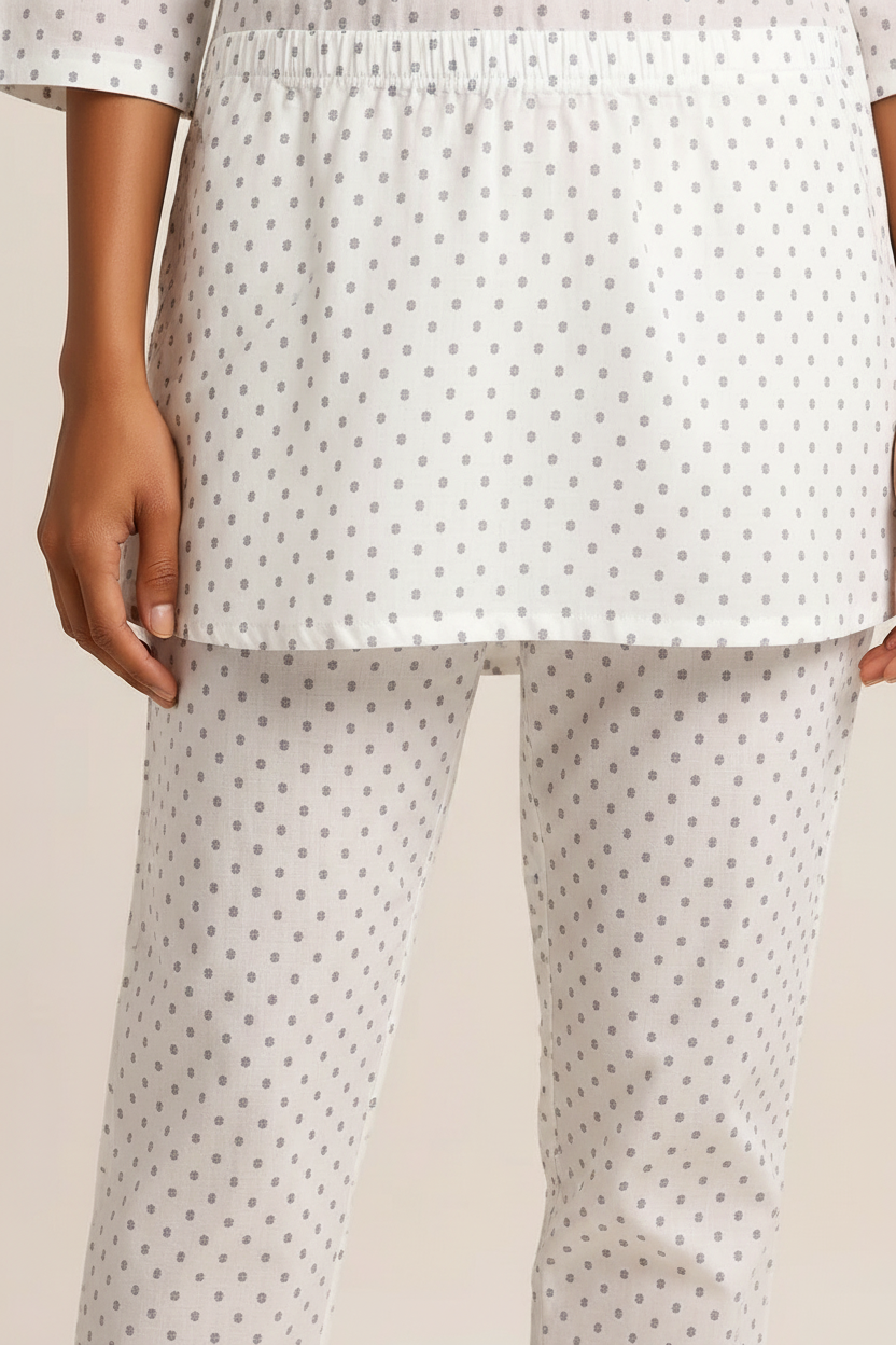Women’s White Cotton Printed Kurta & Straight Pants Set – Soft, Breathable Daily Wear | Summer Casual Loungewear Suit