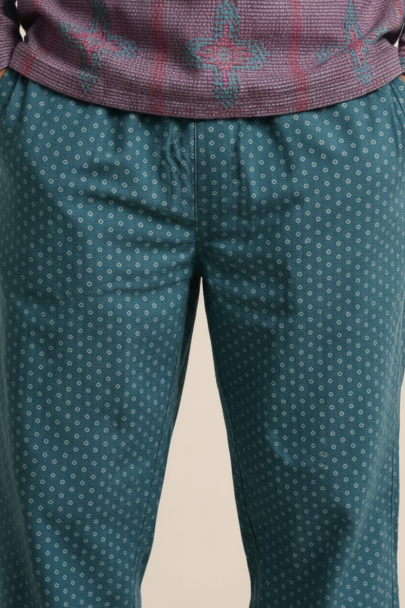 Men’s Teal Printed Jogger Pants – Soft Cotton Tapered Fit with Elastic Cuffs & Pockets