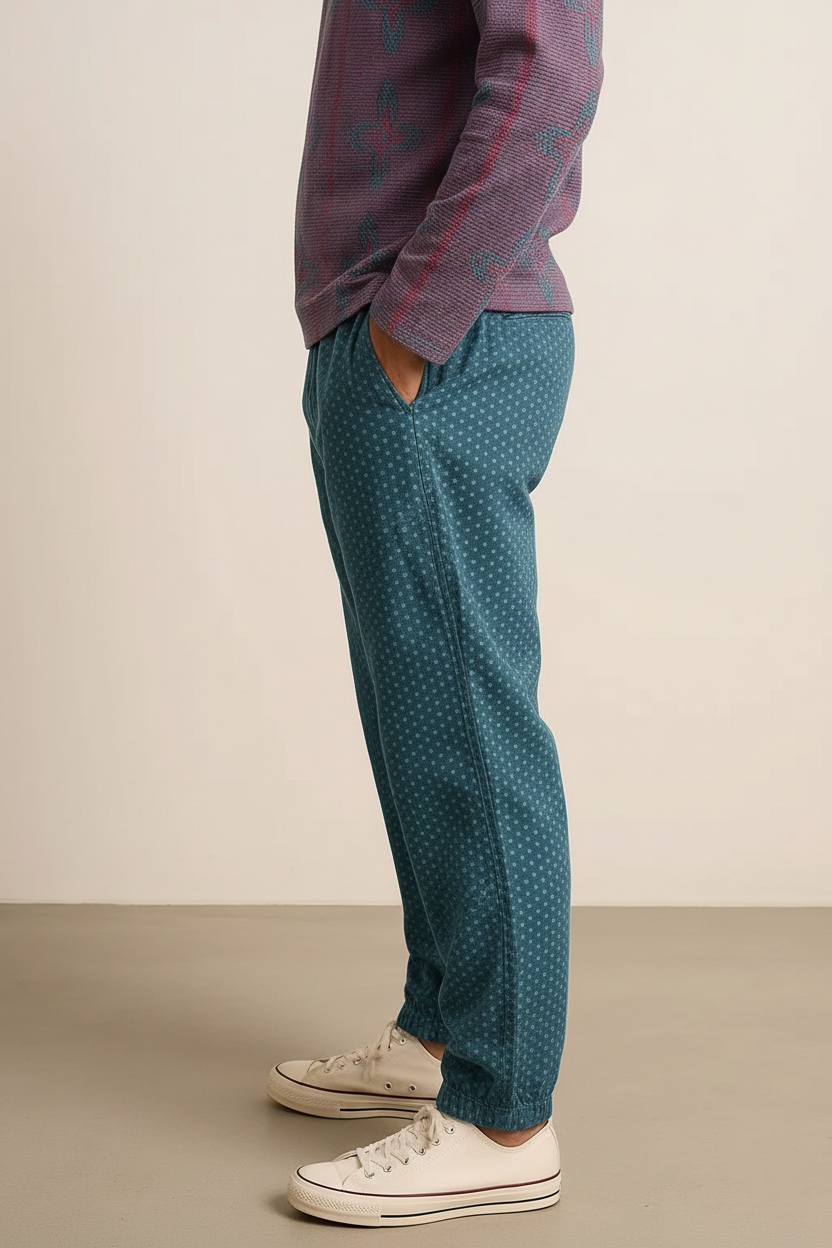 Men’s Teal Printed Jogger Pants – Soft Cotton Tapered Fit with Elastic Cuffs & Pockets