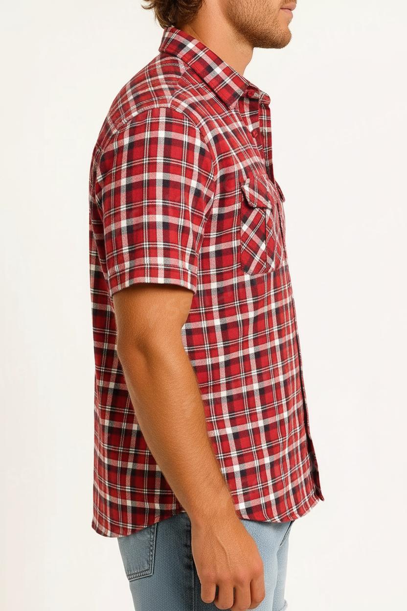 Men’s Short-Sleeve Red Plaid Button-Up Shirt – Casual Western Style with Dual Chest Pockets