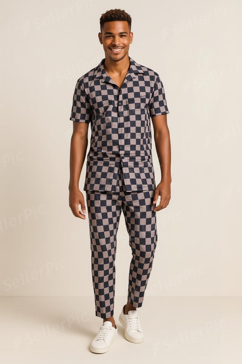 Men’s Checkered Co-Ord Set – Short Sleeve Button Shirt & Tapered Pants | Premium Streetwear Matching Outfit