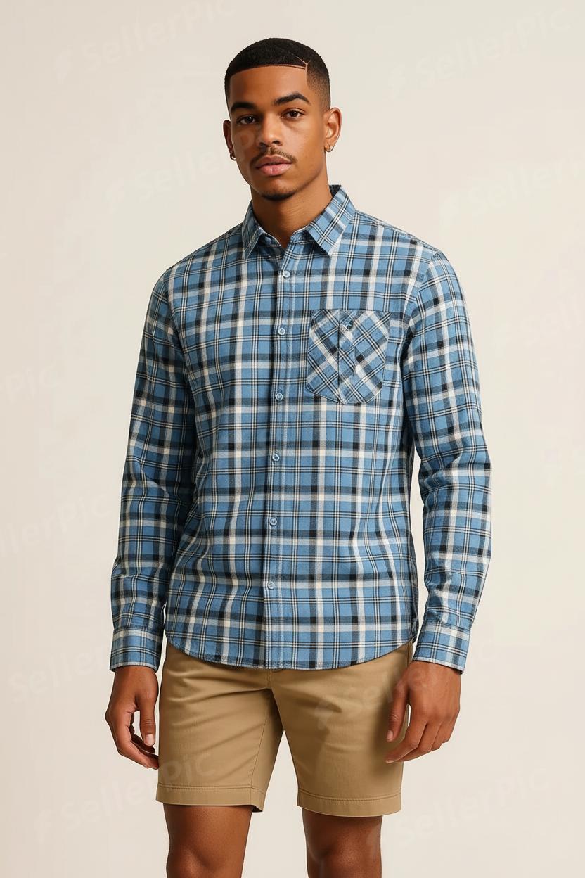 Men’s Blue Plaid Long-Sleeve Shirt – Soft Casual Button-Down with Classic Check Pattern