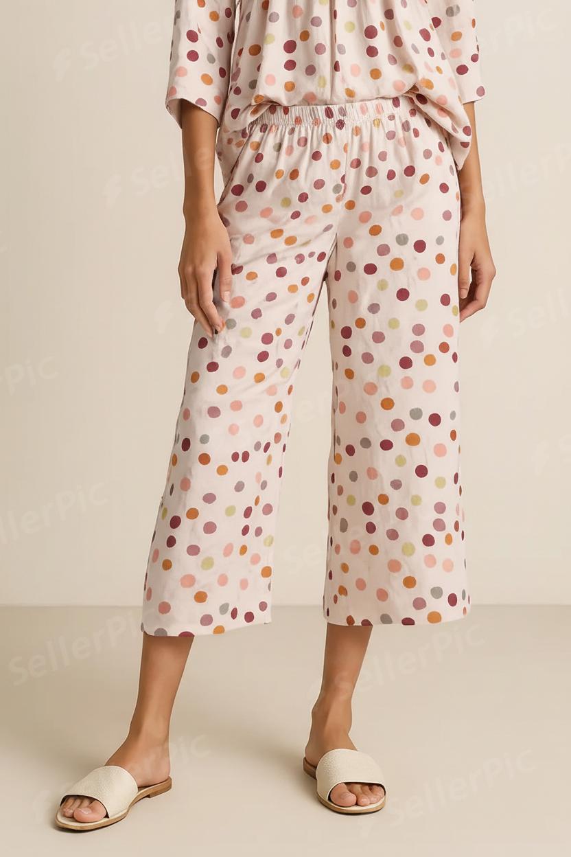 Women’s Polka Dot Loungewear Set – Soft Cotton Night Suit (Top & Trouser) | Breathable 3/4 Sleeve Relax Fit