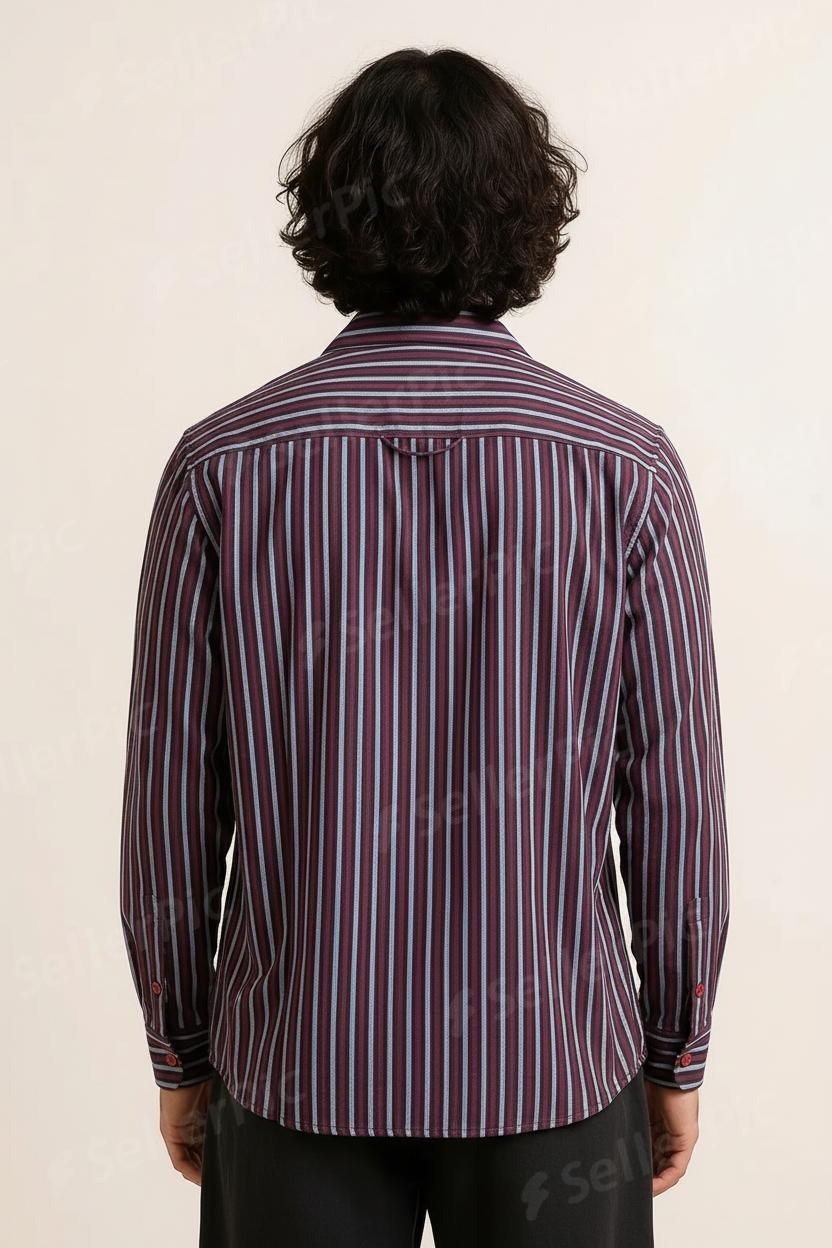 Men’s Premium Striped Casual Shirt – Maroon & Blue Horizontal Lines | Soft Fabric, Long Sleeves, Modern Fit