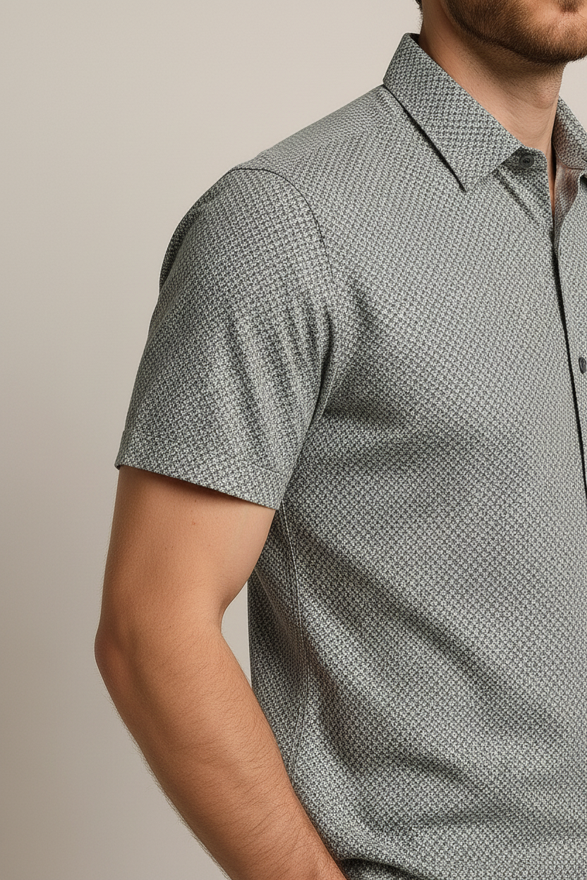 Men’s Sage Green Short-Sleeve Shirt & Pants Set – Lightweight Matching Summer Outfit with Subtle Micro-Pattern