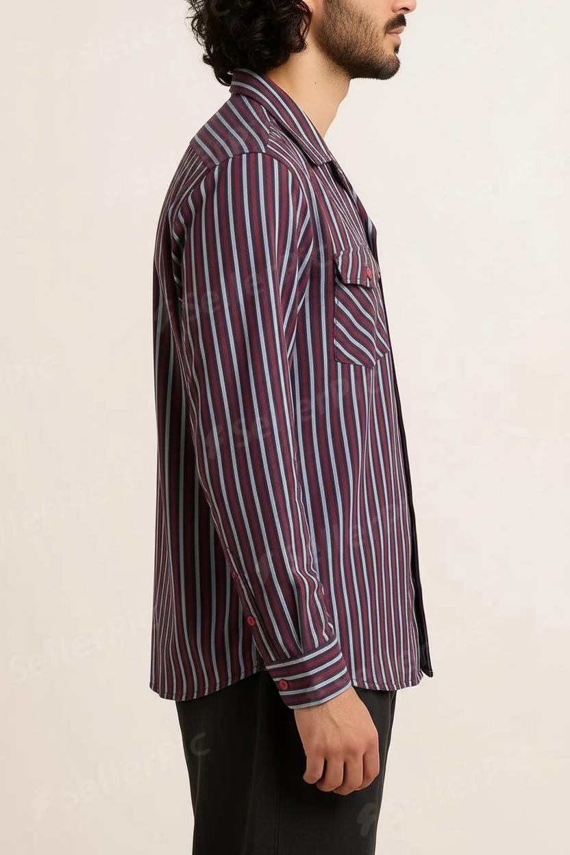 Men’s Premium Striped Casual Shirt – Maroon & Blue Horizontal Lines | Soft Fabric, Long Sleeves, Modern Fit