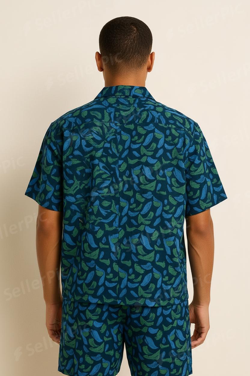 Men’s Tropical Leaf Co-Ord Set – Short Sleeve Button-Up Shirt & Drawstring Shorts | Summer Casual Two-Piece Outfit