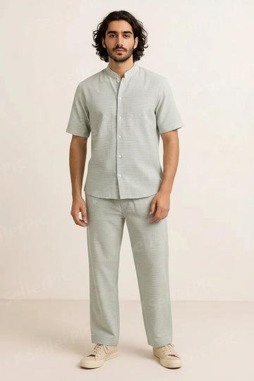 Men’s Cotton Striped Co-Ord Set – Button-Down Shirt & Pajama Pants Lounge Wear