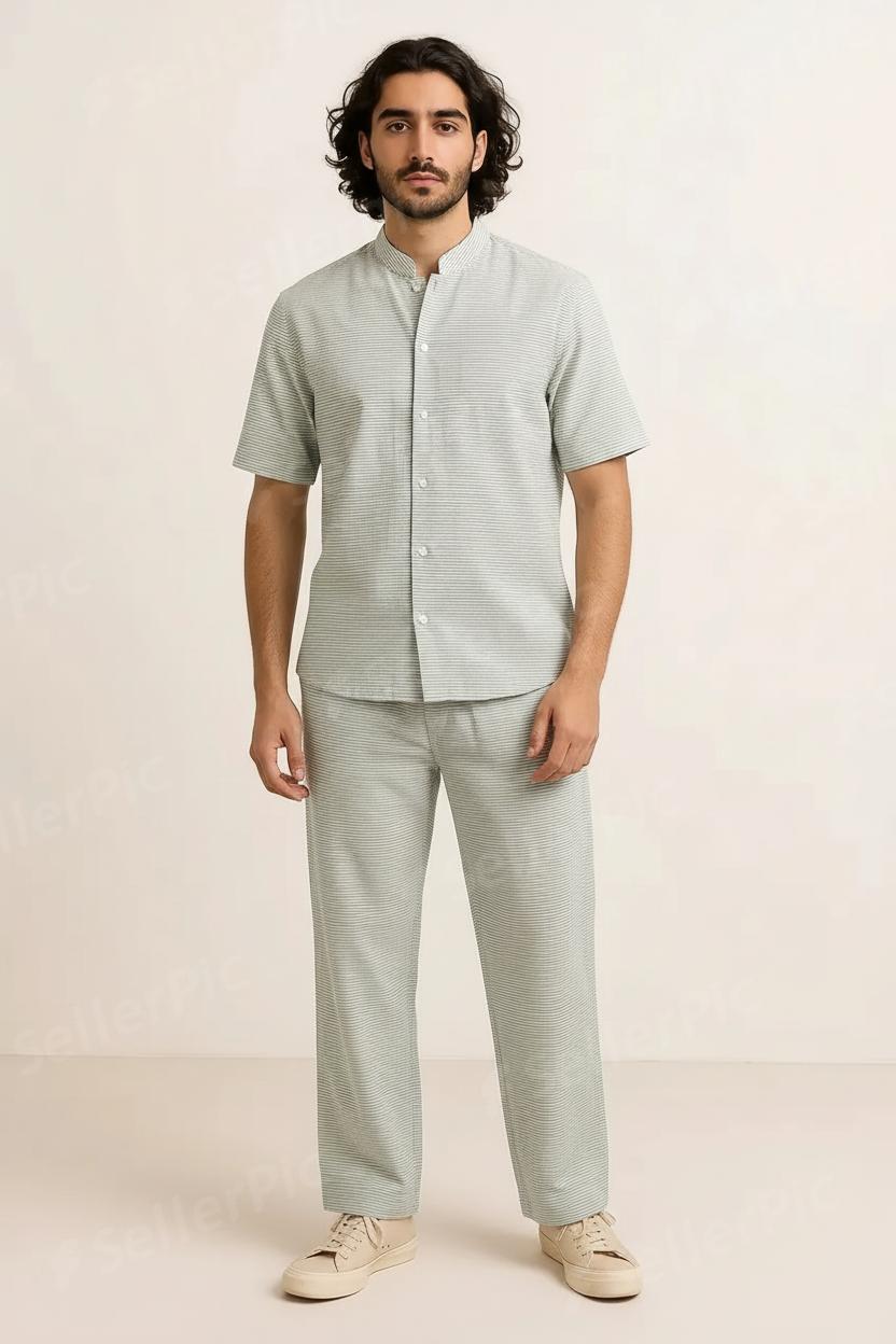 Men’s Cotton Striped Co-Ord Set – Button-Down Shirt & Pajama Pants Lounge Wear