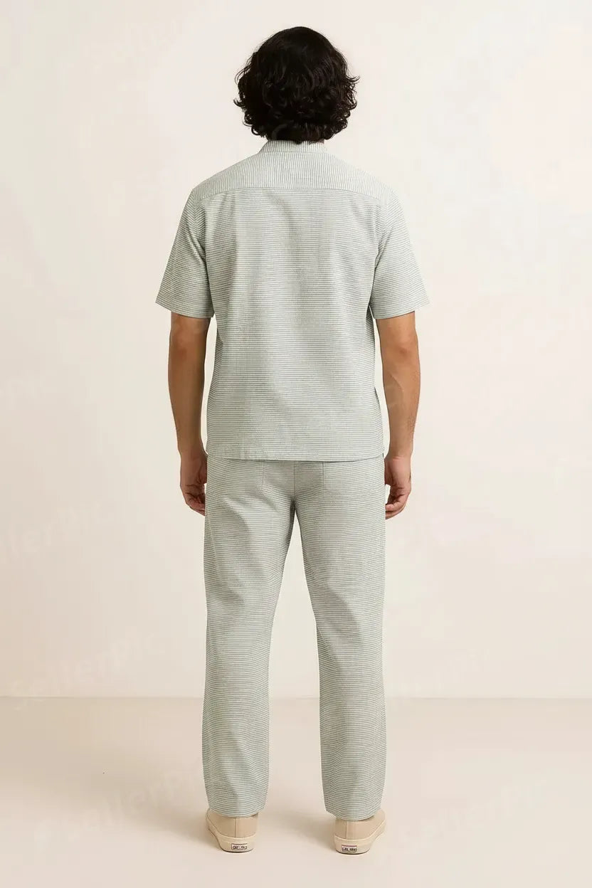 Men’s Cotton Striped Co-Ord Set – Button-Down Shirt & Pajama Pants Lounge Wear