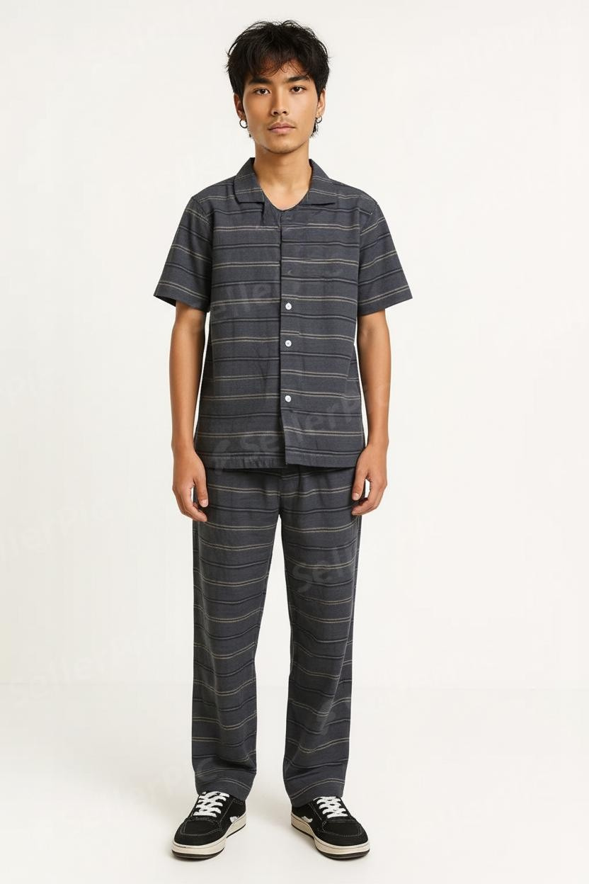 Men’s Striped Two-Piece Loungewear Set – Short Sleeve Button-Up Shirt & Relaxed Fit Pants | Casual Matching Outfit