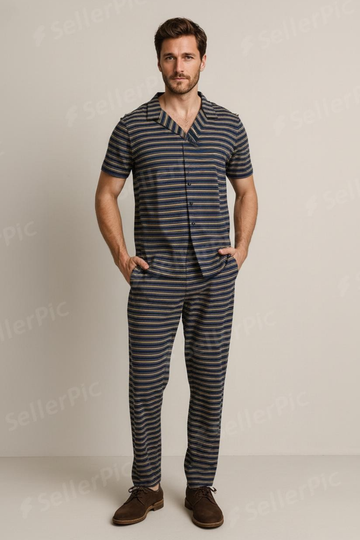 Men’s Striped Two-Piece Co-Ord Set – Premium Short Sleeve Shirt & Matching Pants Set