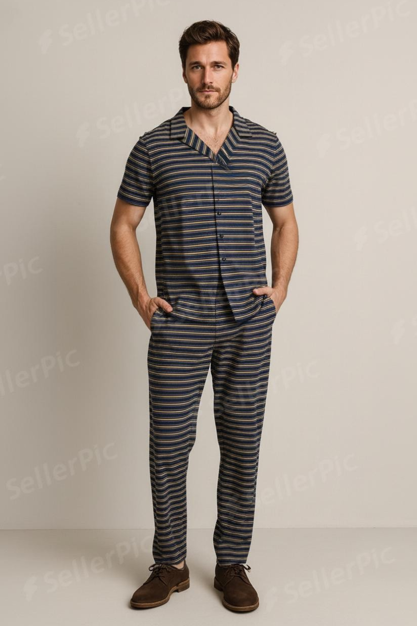 Men’s Striped Two-Piece Co-Ord Set – Premium Short Sleeve Shirt & Matching Pants Set
